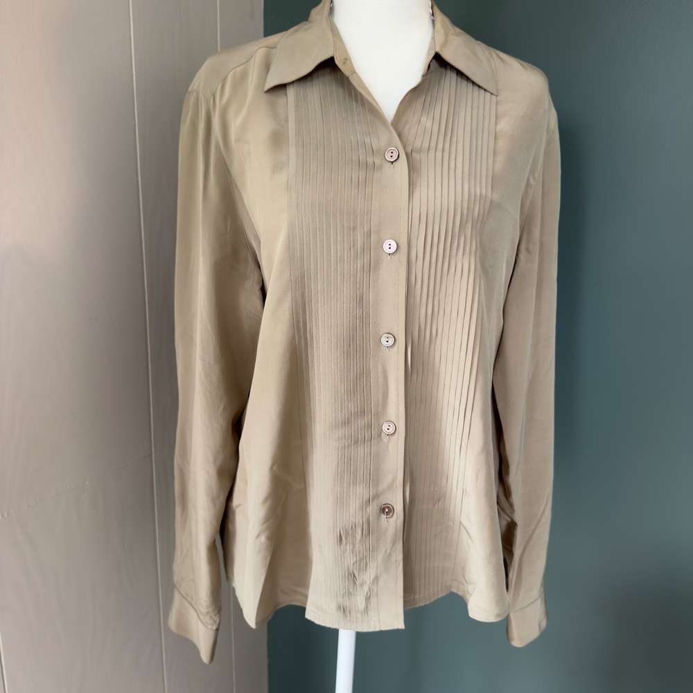 Jones New York Country Silk Blouse Taupe Pintuck Button Down Top Size 12